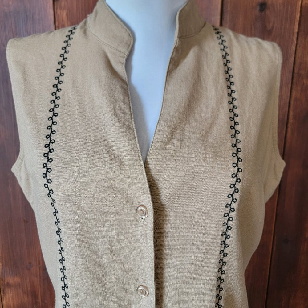Vintage 90s R&K Originals Linen Rayon Embroidered Sleeveless Top Mandarin Collar